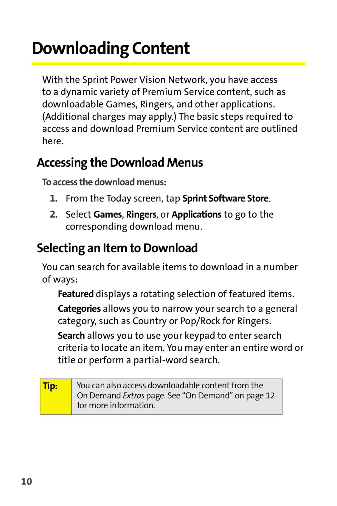 Sprint Nextel Stereo Receiver manual Downloading Content, Accessing the Download Menus, Selecting an Item to Download 