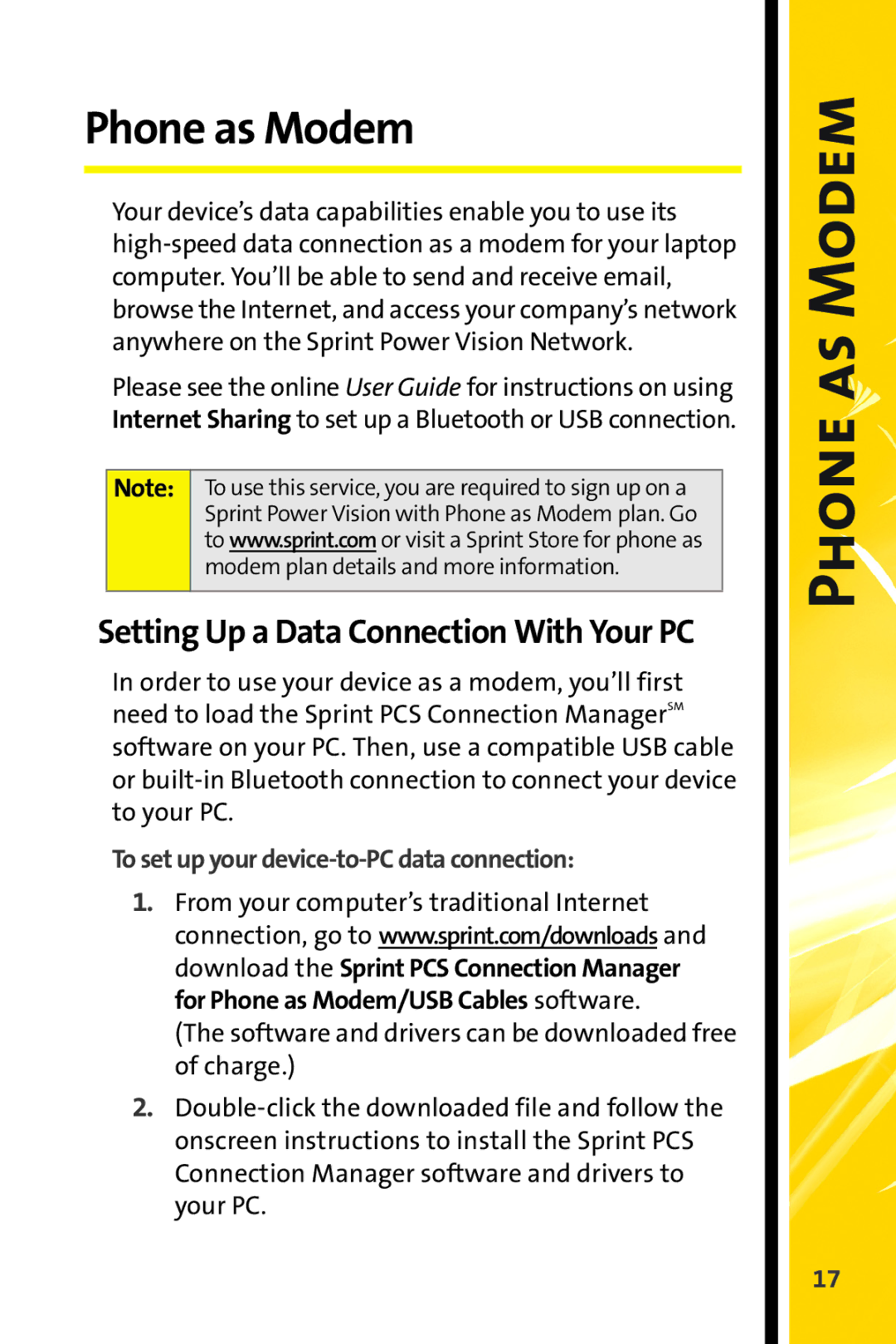 Sprint Nextel Stereo Receiver manual Phone as Modem, To set up your device-to-PC data connection 