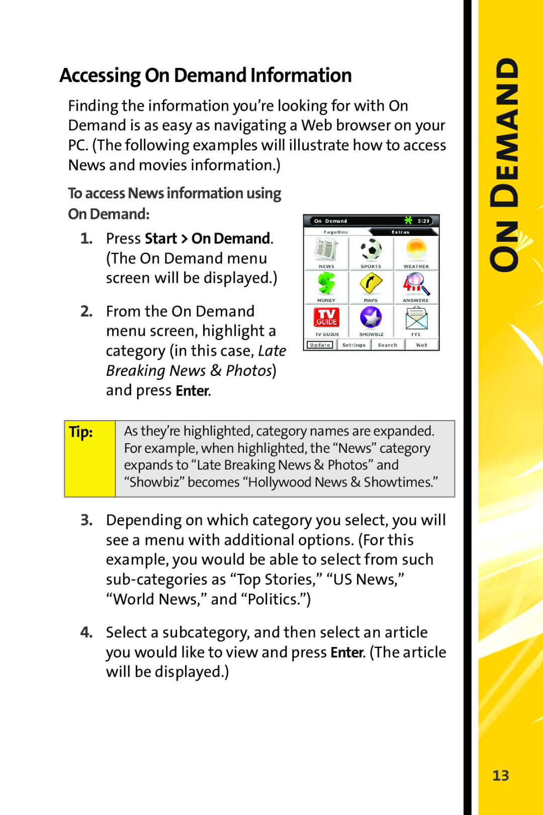 Sprint Nextel Stereo Receiver manual Accessing On Demand Information, To access News information using On Demand 