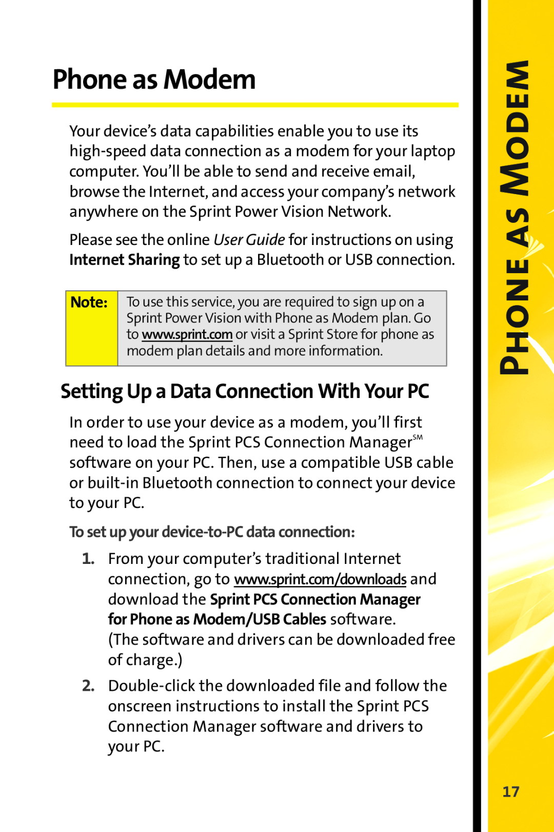 Sprint Nextel Stereo Receiver manual Phone as Modem, Setting Up a Data Connection With Your PC 