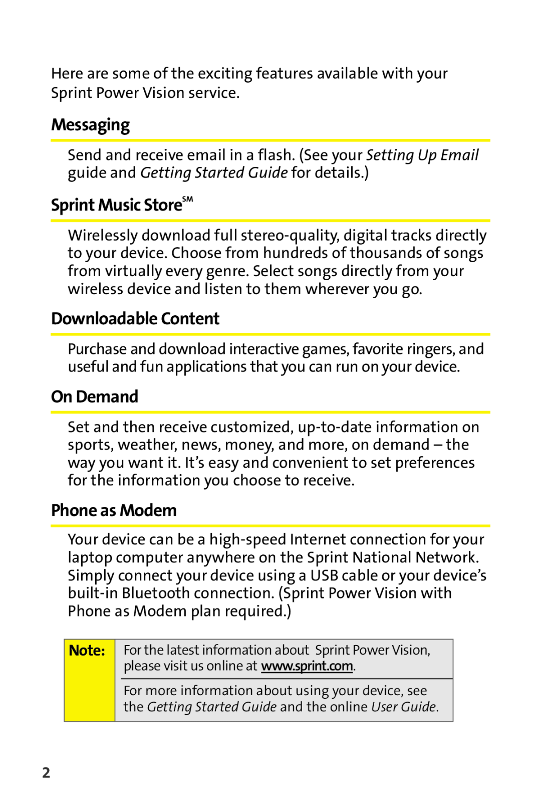 Sprint Nextel Stereo Receiver manual Messaging, Sprint Music StoreSM, Downloadable Content, On Demand, Phone as Modem 
