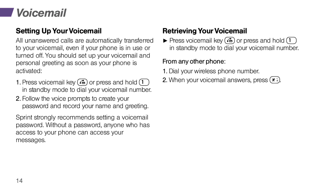 Sprint Nextel SYSTEM 1 manual Setting Up Your Voicemail, Retrieving Your Voicemail 