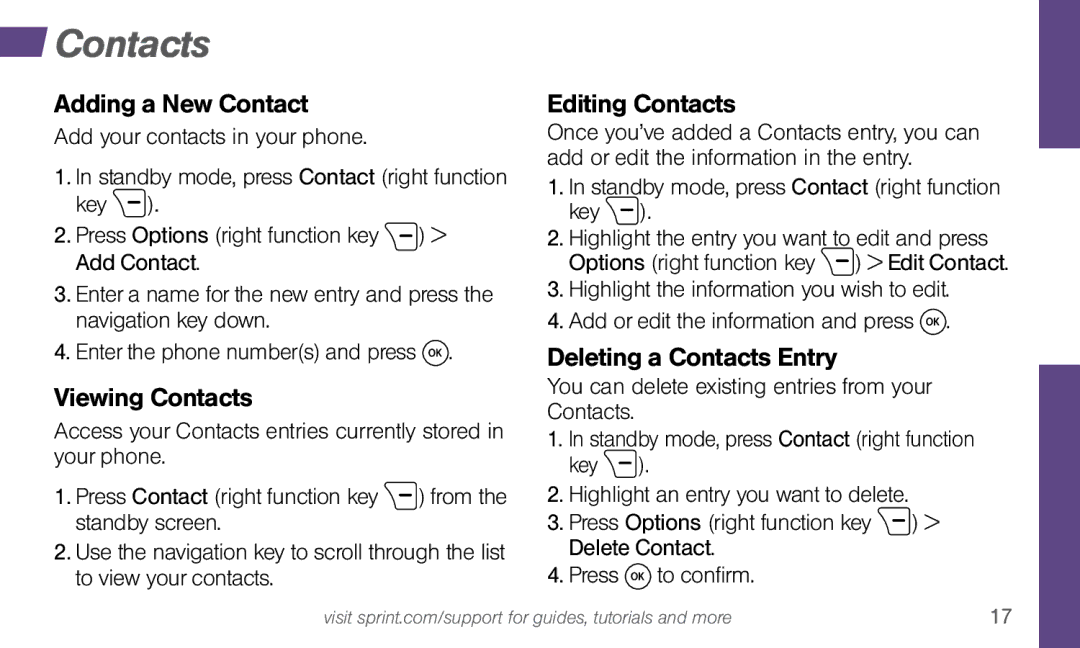 Sprint Nextel SYSTEM 1 manual Adding a New Contact, Viewing Contacts, Editing Contacts, Deleting a Contacts Entry 