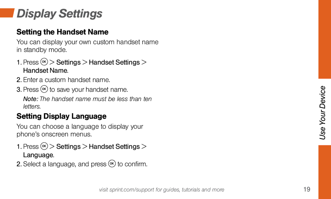 Sprint Nextel SYSTEM 1 manual Display Settings, Setting the Handset Name, Setting Display Language 