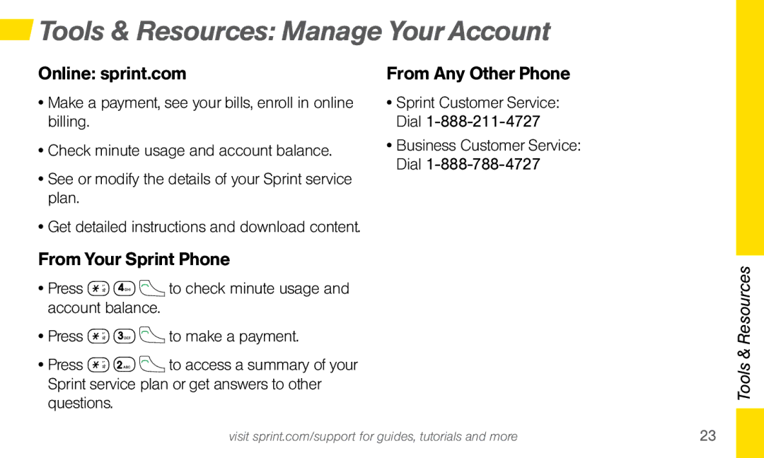 Sprint Nextel SYSTEM 1 manual Tools & Resources Manage Your Account, Online sprint.com From Any Other Phone 