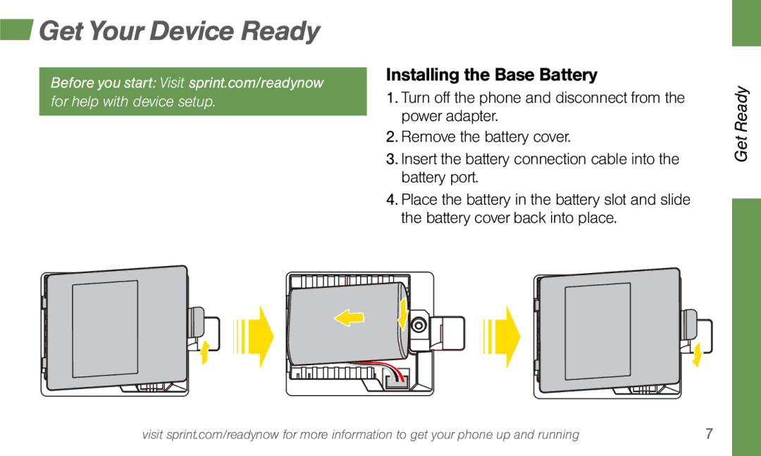 Sprint Nextel SYSTEM 1 manual Get Your Device Ready, Installing the Base Battery 