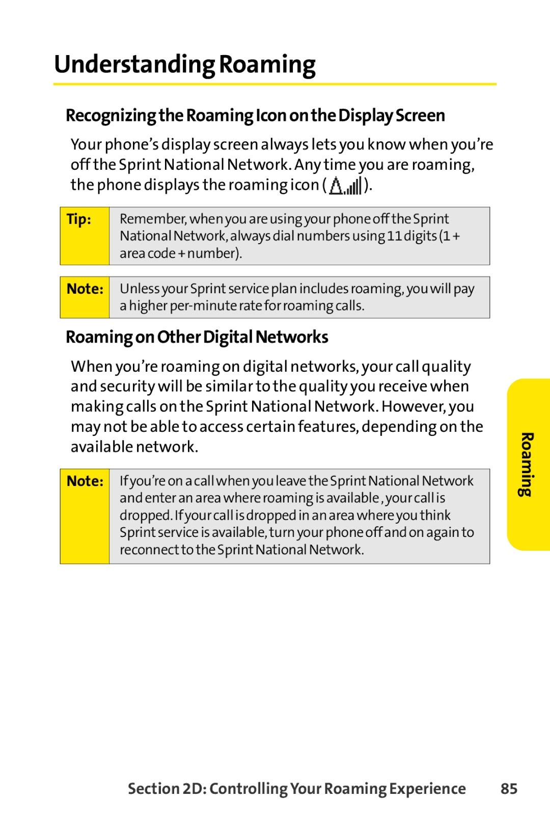 Sprint Nextel Telephone Understanding Roaming, RecognizingtheRoamingIconontheDisplayScreen, RoamingonOtherDigitalNetworks 