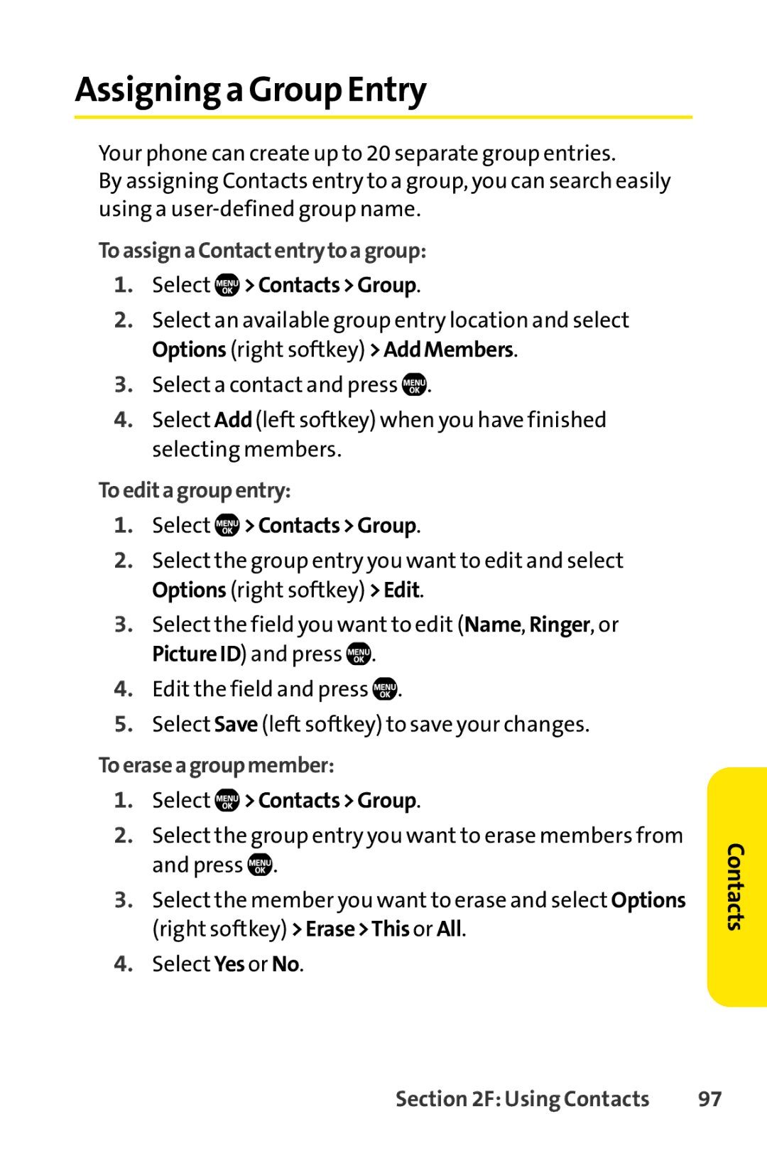 Sprint Nextel Telephone Assigning a Group Entry, ToassignaContactentrytoagroup, Select ContactsGroup, Toeditagroupentry 