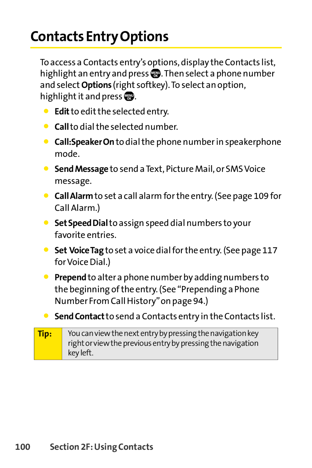 Sprint Nextel Telephone manual Contacts Entry Options, Tip 