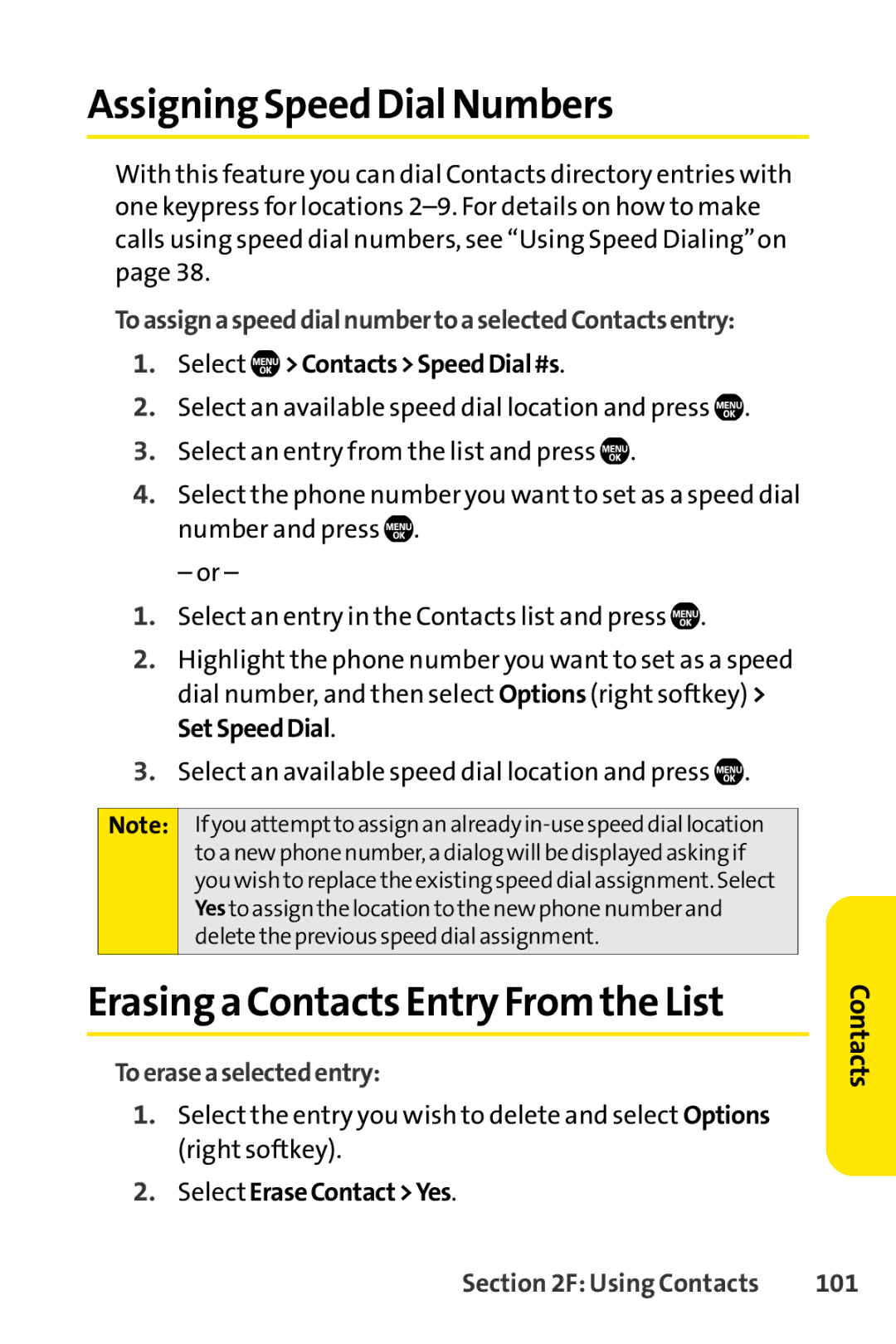 Sprint Nextel Telephone manual Assigning Speed Dial Numbers, ToassignaspeeddialnumbertoaselectedContactsentry, 101 