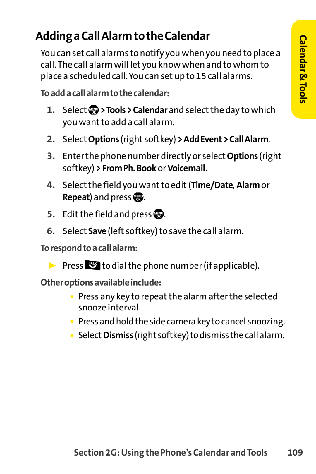 Sprint Nextel Telephone Adding a Call Alarm to the Calendar, Toaddacallalarmtothecalendar, Torespondtoacallalarm, 109 