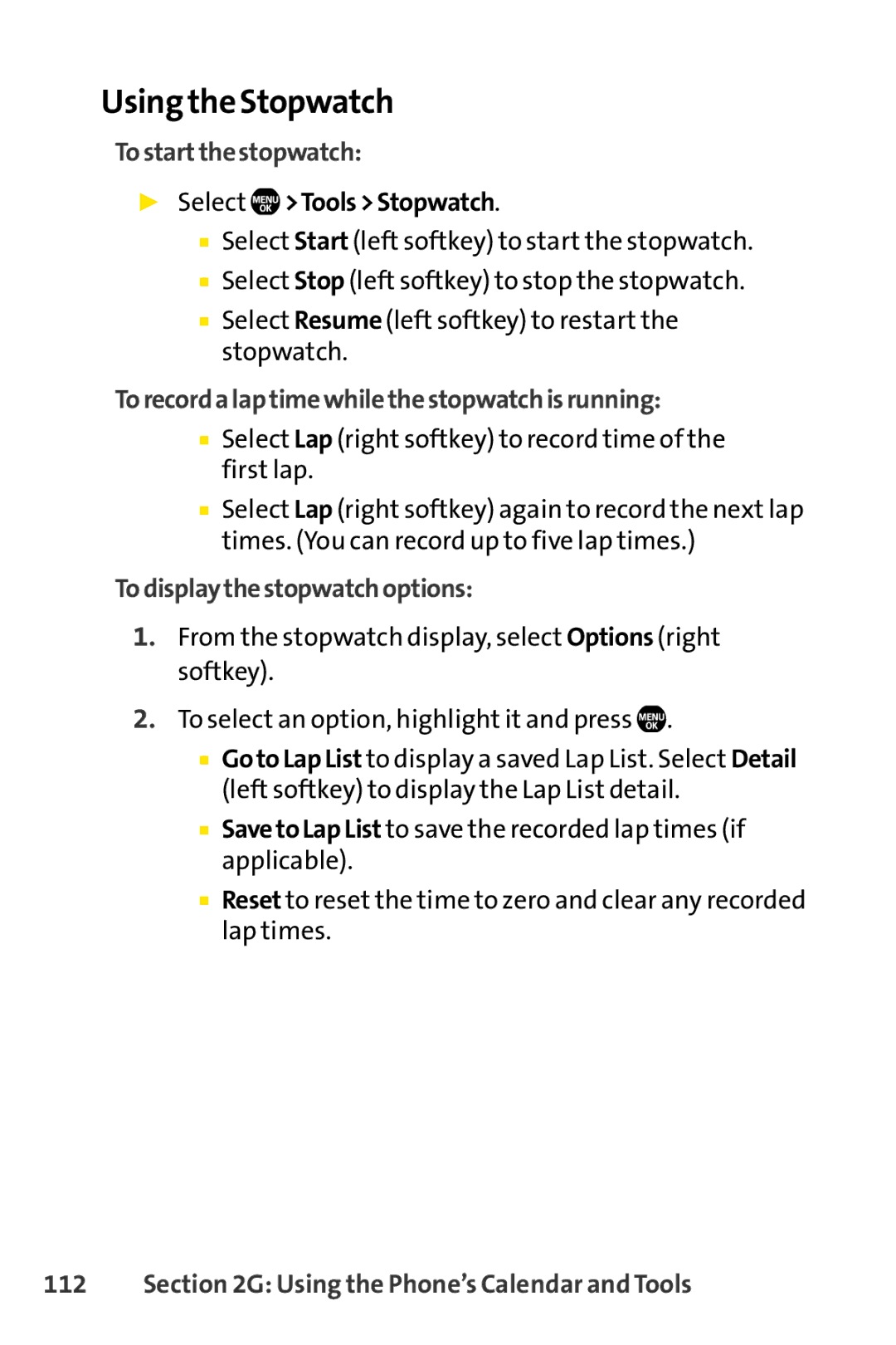 Sprint Nextel Telephone Using the Stopwatch, Tostartthestopwatch, Select ToolsStopwatch, Todisplaythestopwatchoptions 