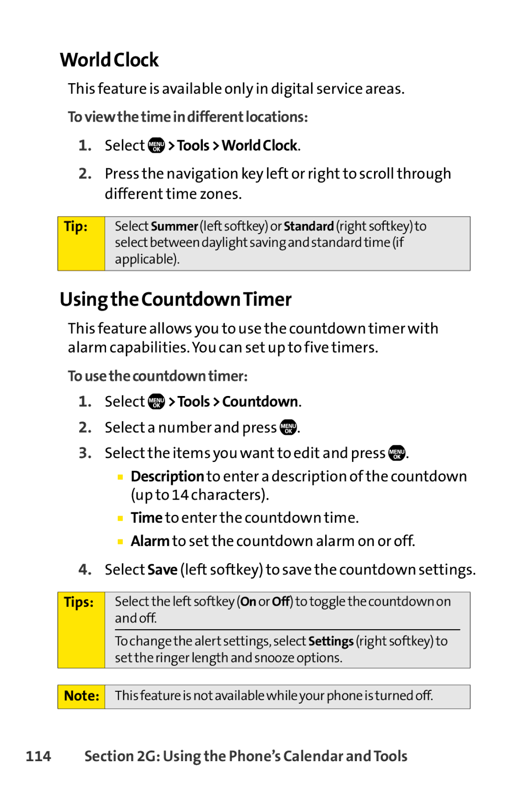 Sprint Nextel Telephone World Clock, Using the CountdownTimer, Toviewthetimeindifferentlocations, Tousethecountdowntimer 