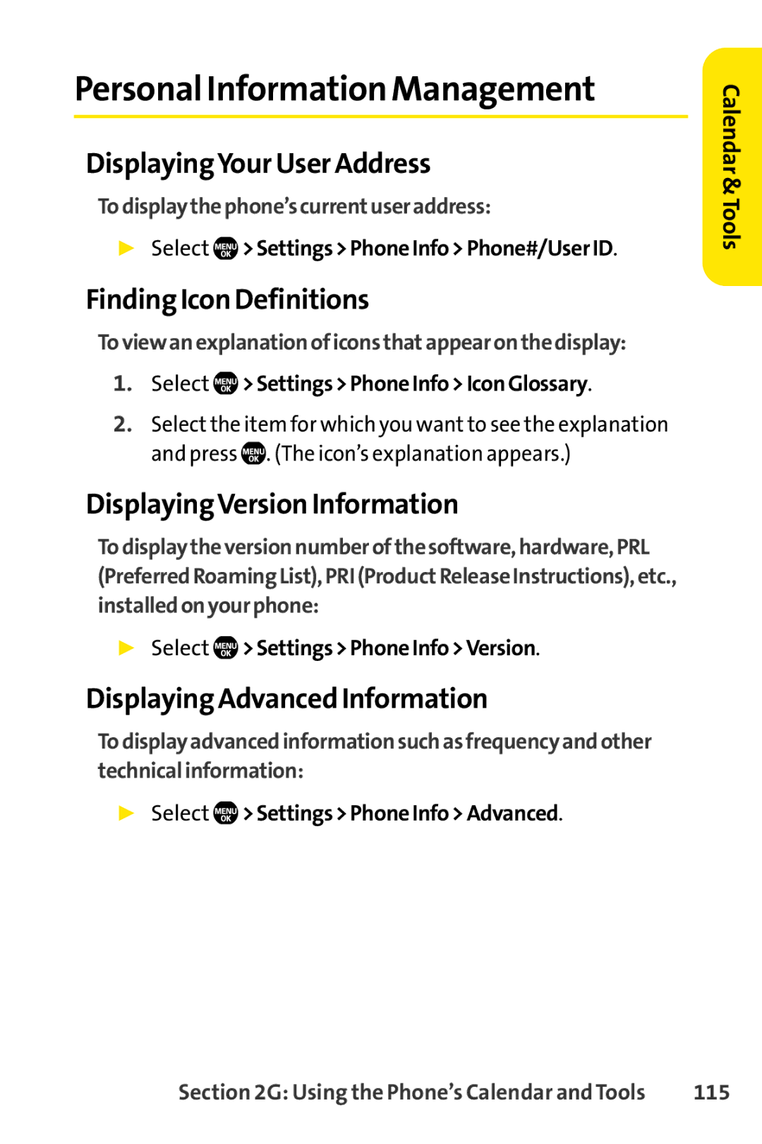 Sprint Nextel Telephone manual Personal Information Management, DisplayingYour User Address, Finding Icon Definitions 