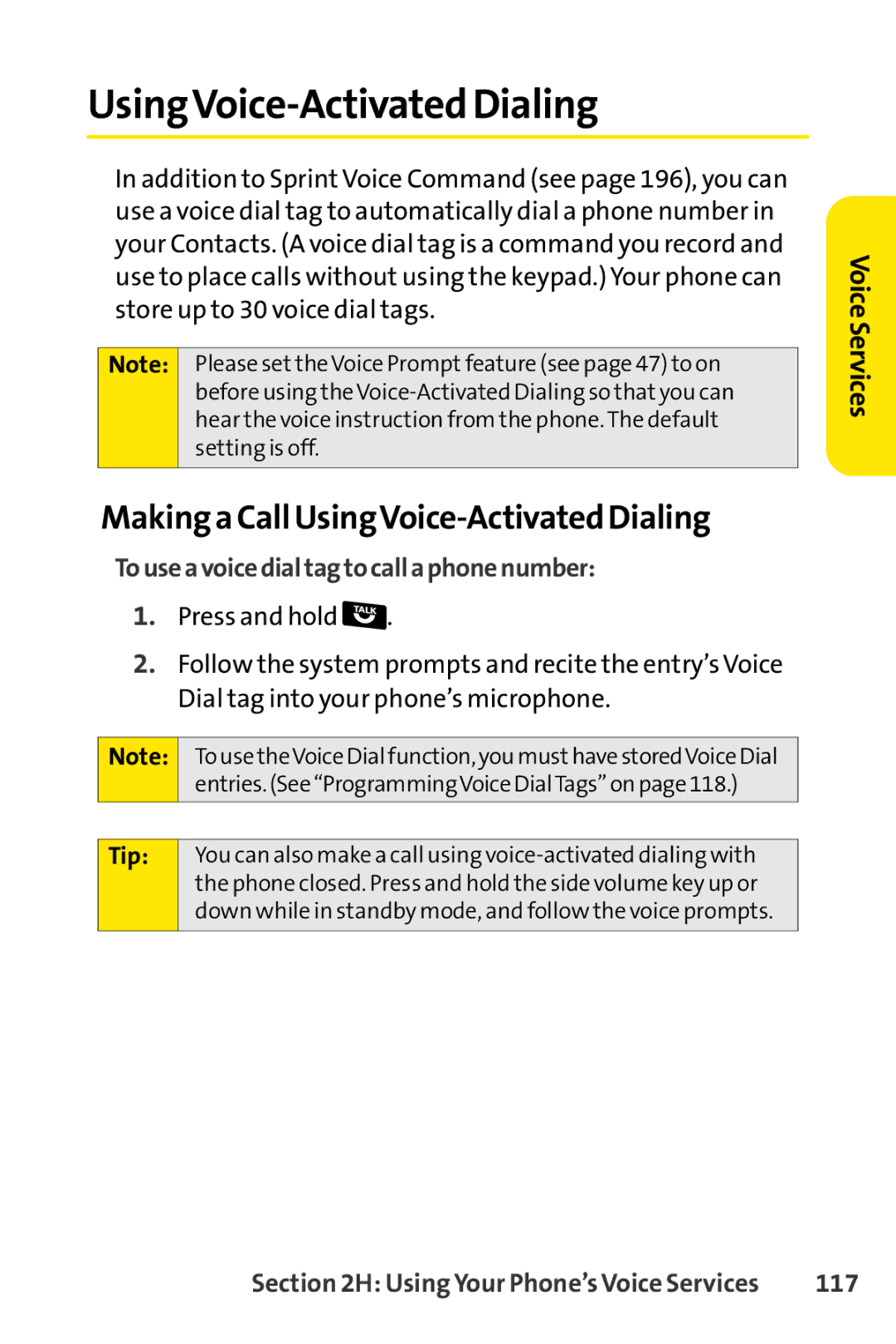 Sprint Nextel Telephone manual Making a Call UsingVoice-Activated Dialing, Touseavoicedialtagtocallaphonenumber, 117 