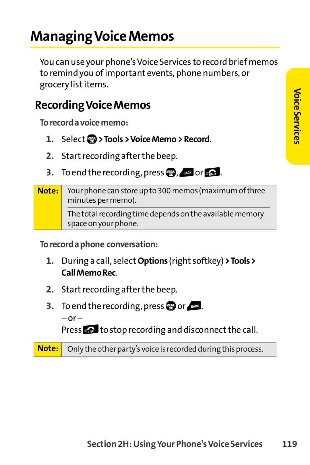 Sprint Nextel Telephone ManagingVoice Memos, RecordingVoice Memos, Torecordavoicememo, Torecordaphone conversation, 119 