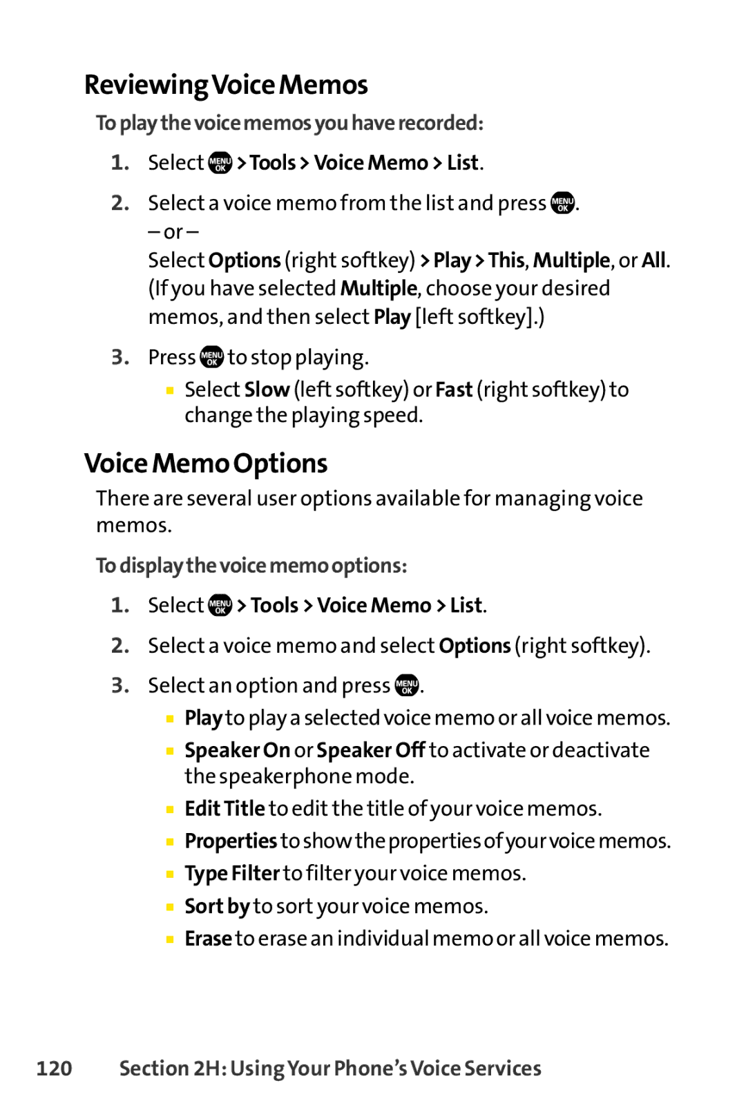 Sprint Nextel Telephone manual ReviewingVoice Memos, Voice Memo Options, Toplaythevoicememosyouhaverecorded 