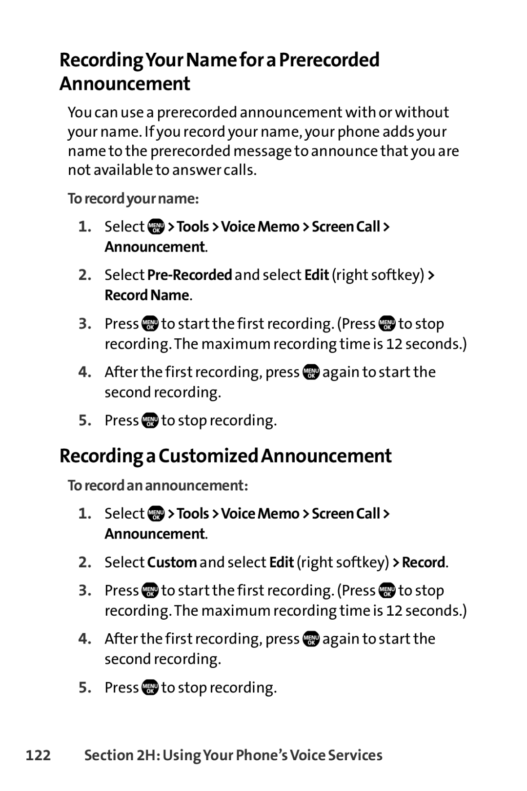 Sprint Nextel Telephone manual RecordingYour Name for a Prerecorded Announcement, Recording a Customized Announcement 