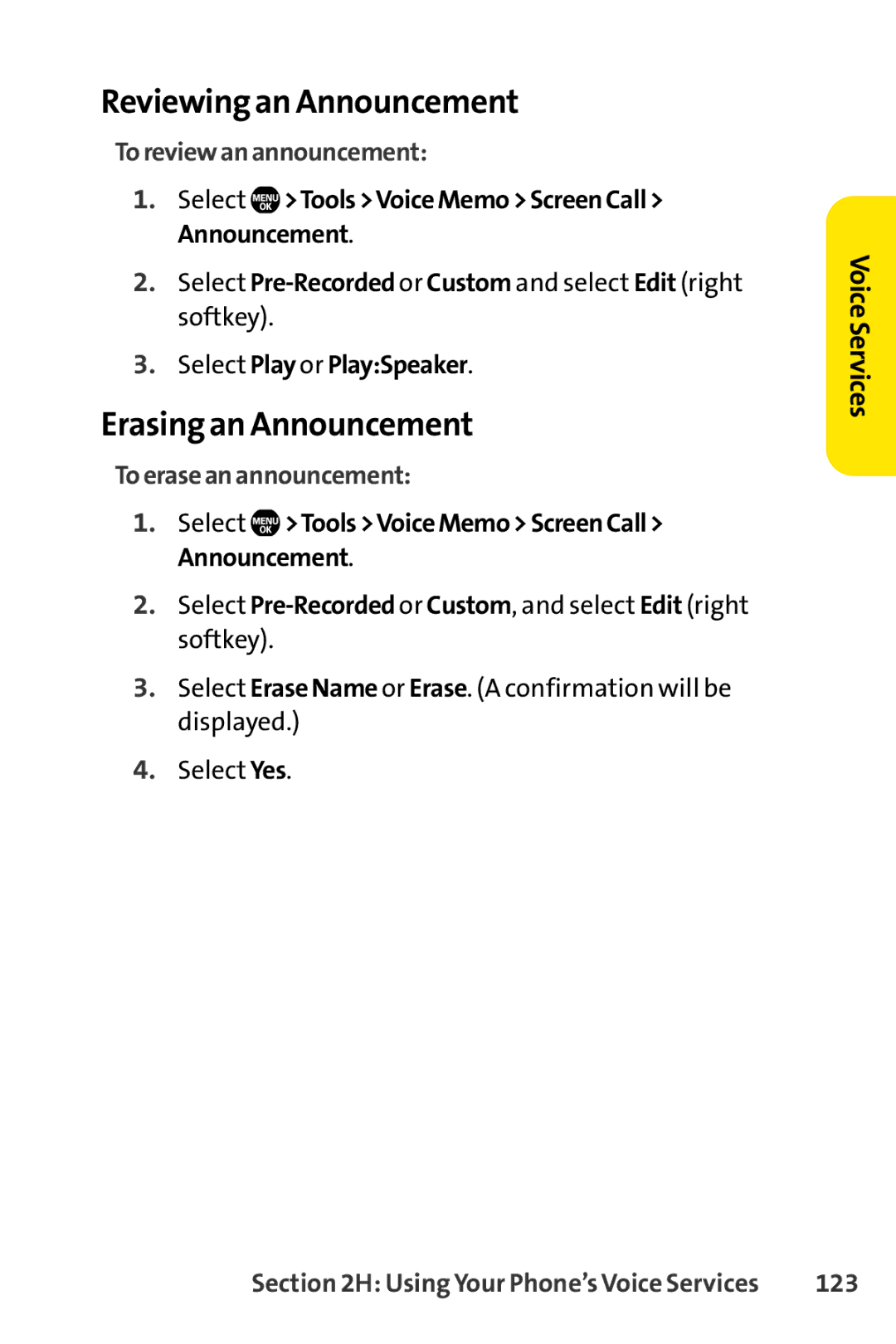 Sprint Nextel Telephone Reviewing an Announcement, Erasing an Announcement, Toreviewanannouncement, Toeraseanannouncement 