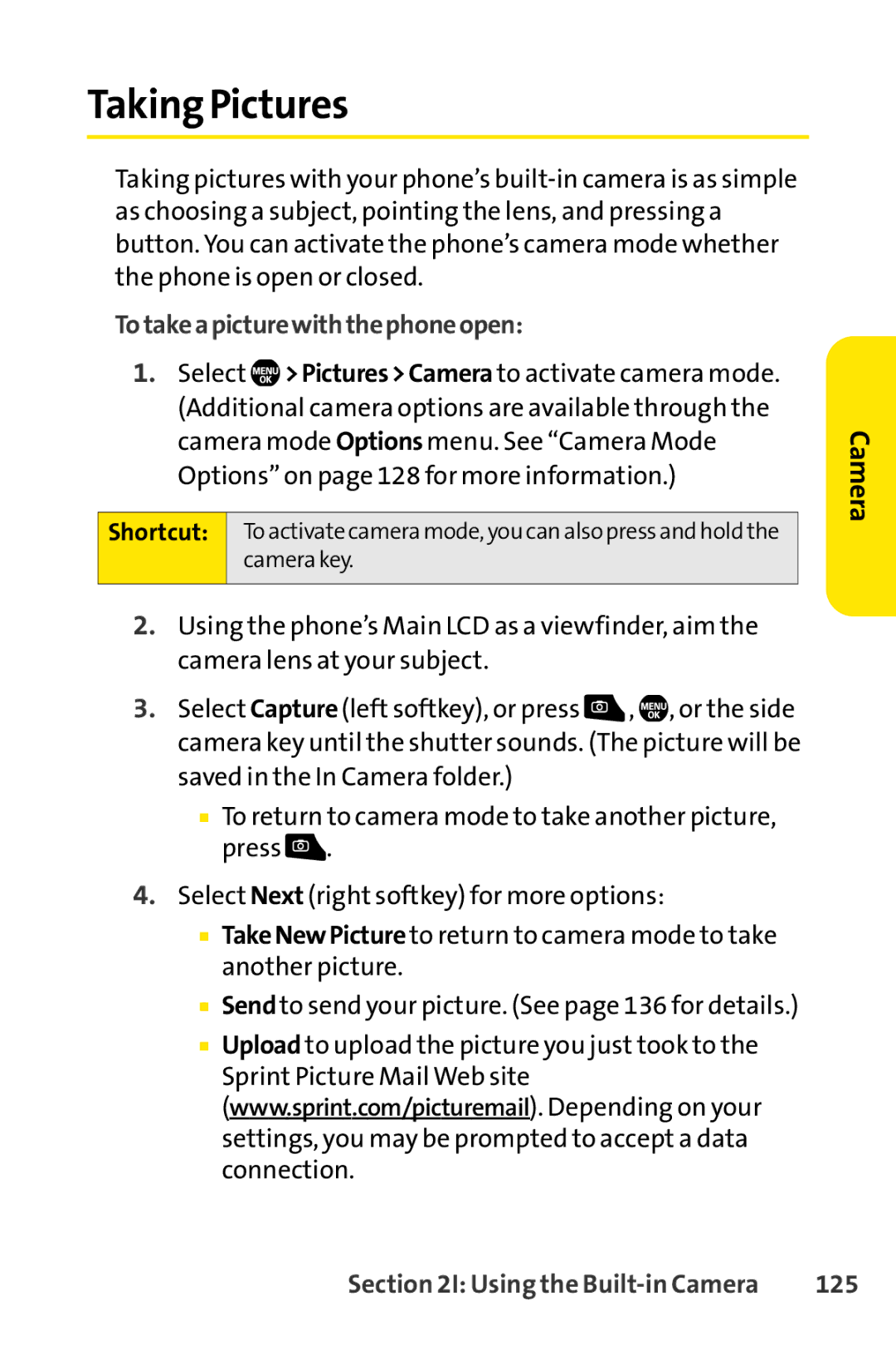 Sprint Nextel Telephone manual Taking Pictures, Totakeapicturewiththephoneopen, 125 