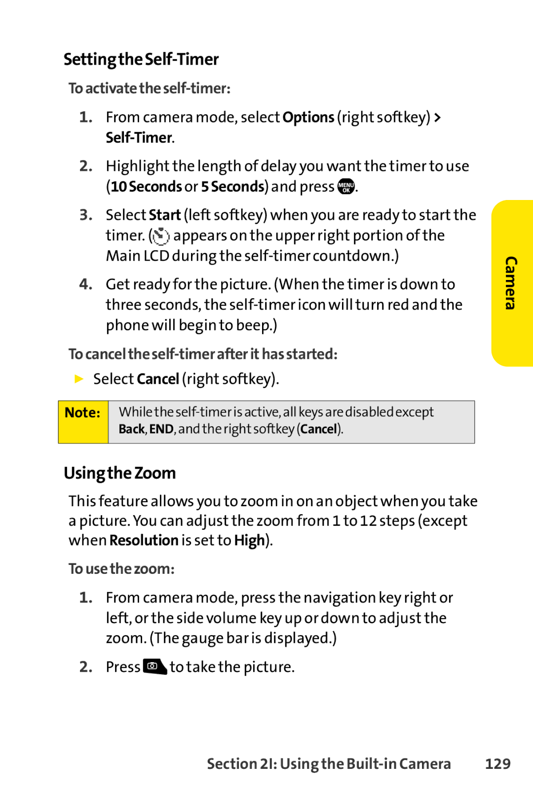 Sprint Nextel Telephone manual SettingtheSelf-Timer, UsingtheZoom 