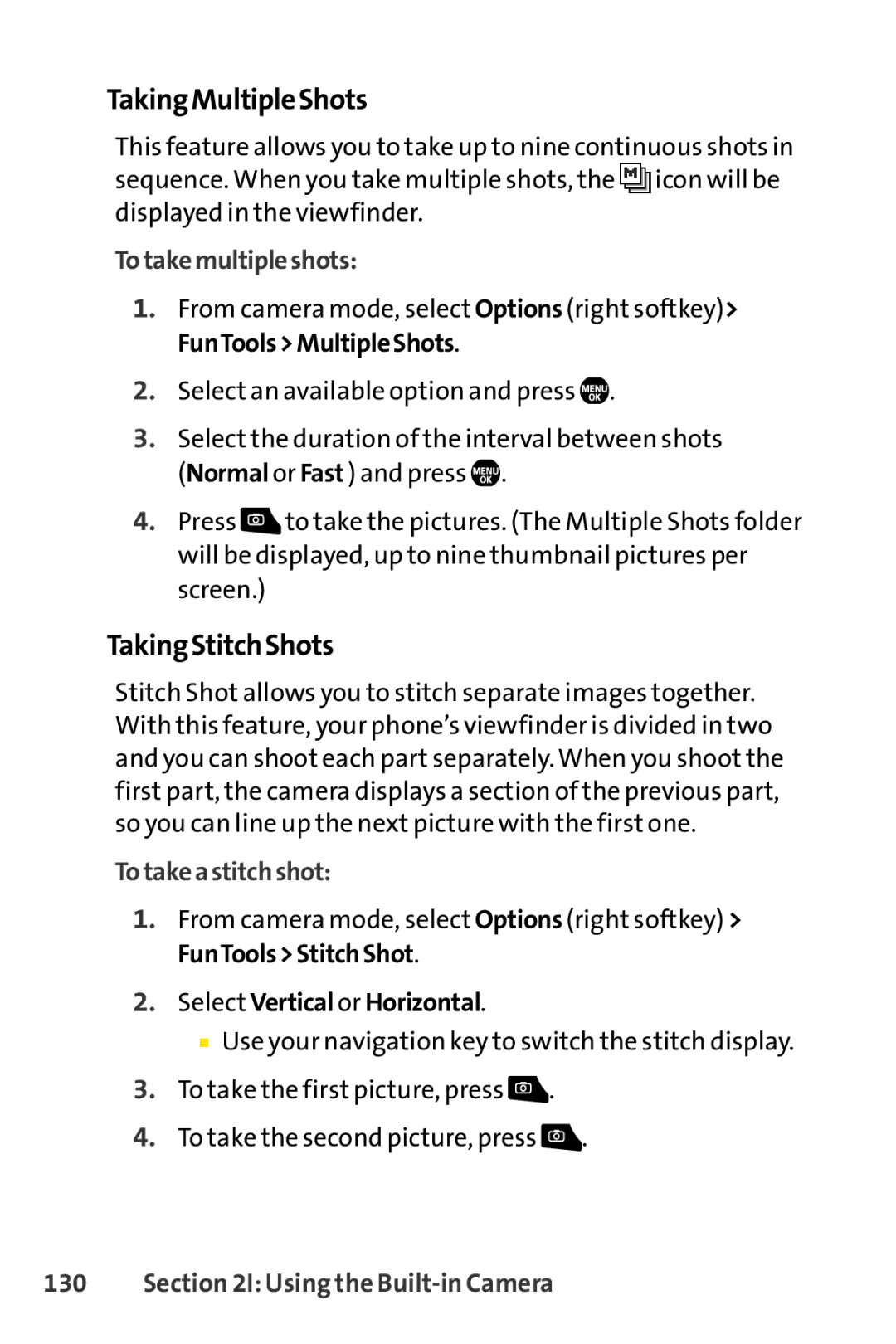 Sprint Nextel Telephone manual TakingMultipleShots, TakingStitchShots, Totakemultipleshots, Totakeastitchshot 