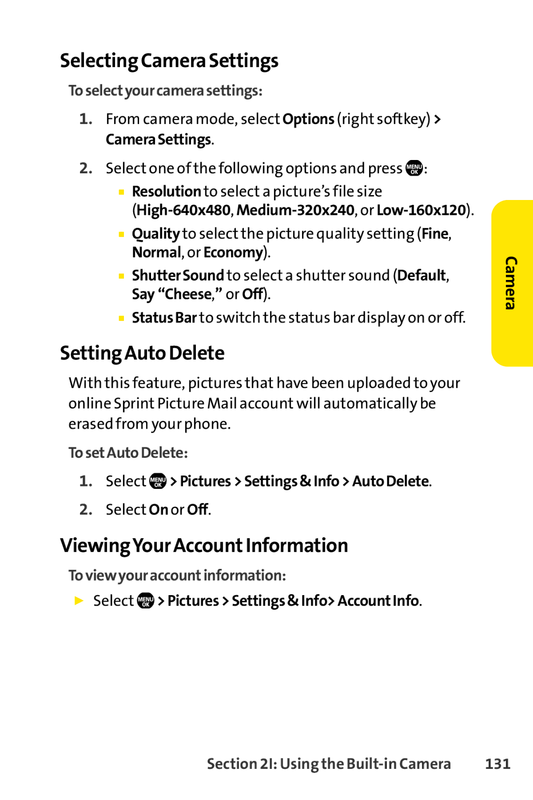 Sprint Nextel Telephone manual Selecting Camera Settings, Setting Auto Delete, ViewingYour AccountInformation 