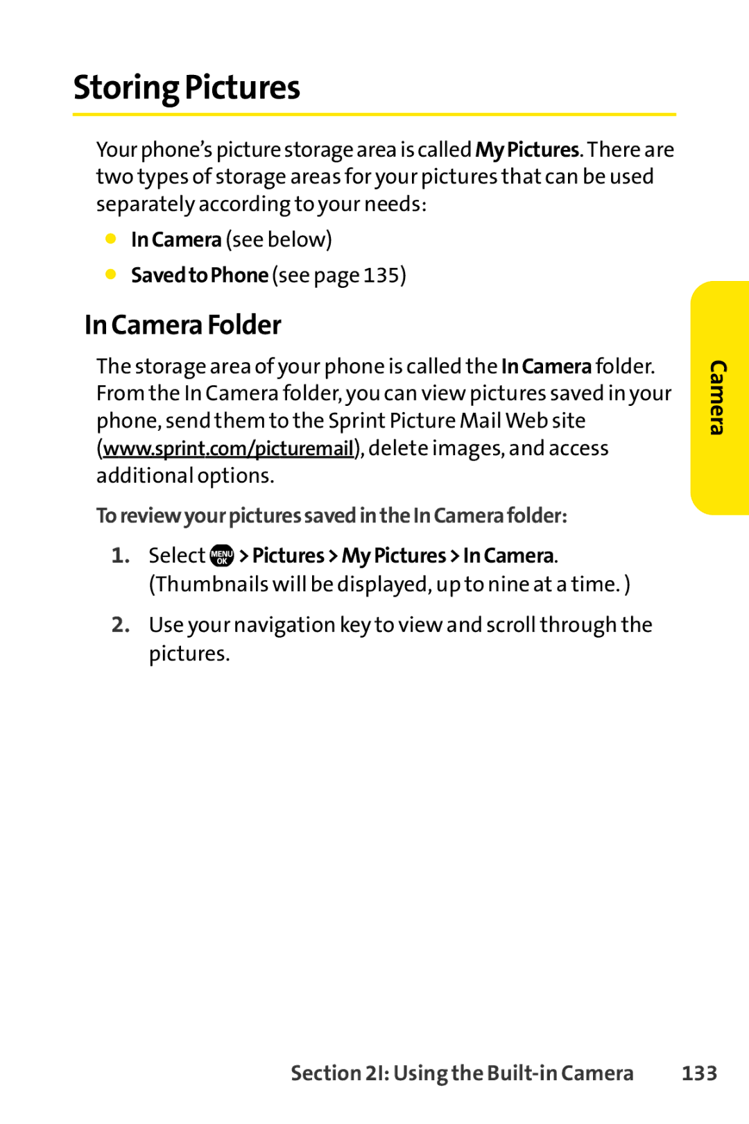 Sprint Nextel Telephone manual Storing Pictures, Camera Folder, ToreviewyourpicturessavedintheInCamerafolder, 133 