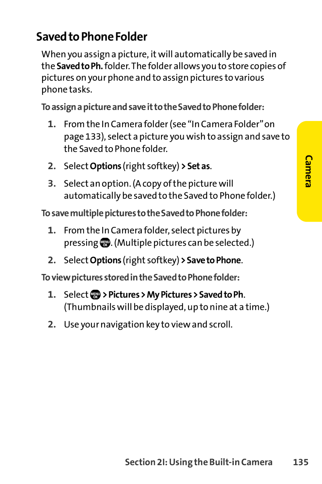 Sprint Nextel Telephone manual Saved to Phone Folder, ToassignapictureandsaveittotheSavedtoPhonefolder, 135 