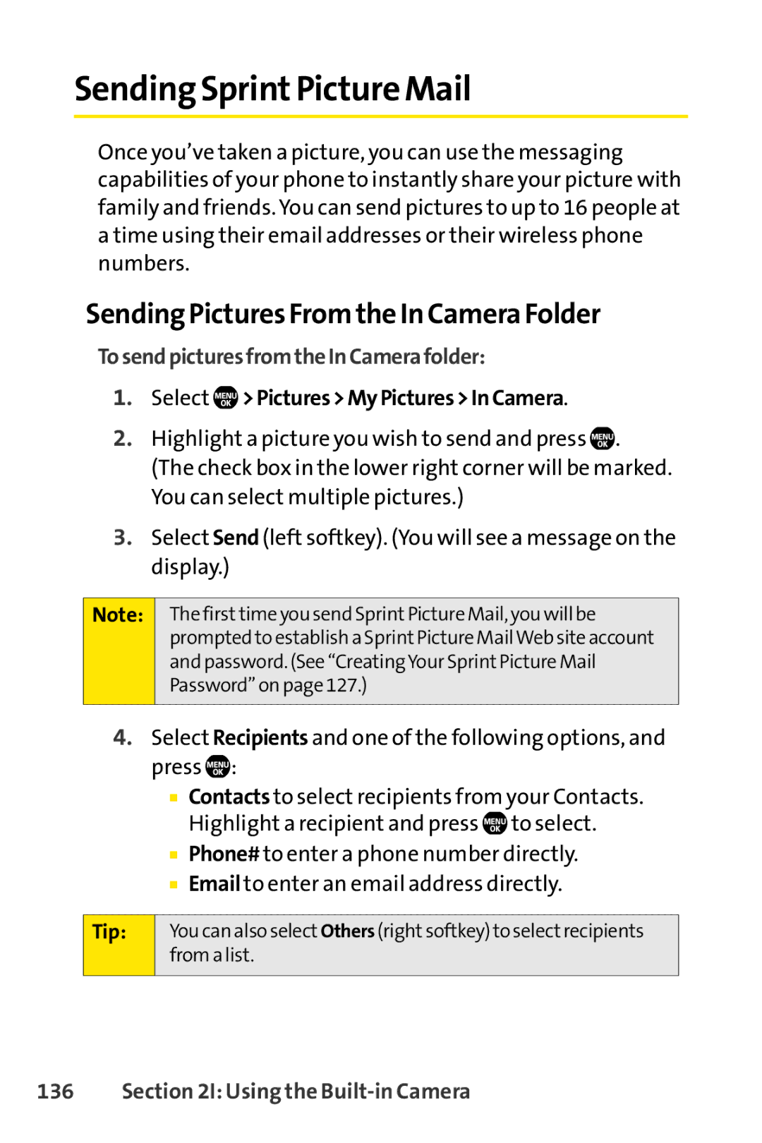 Sprint Nextel Telephone manual Sending SprintPicture Mail, Sending Pictures From the In Camera Folder 