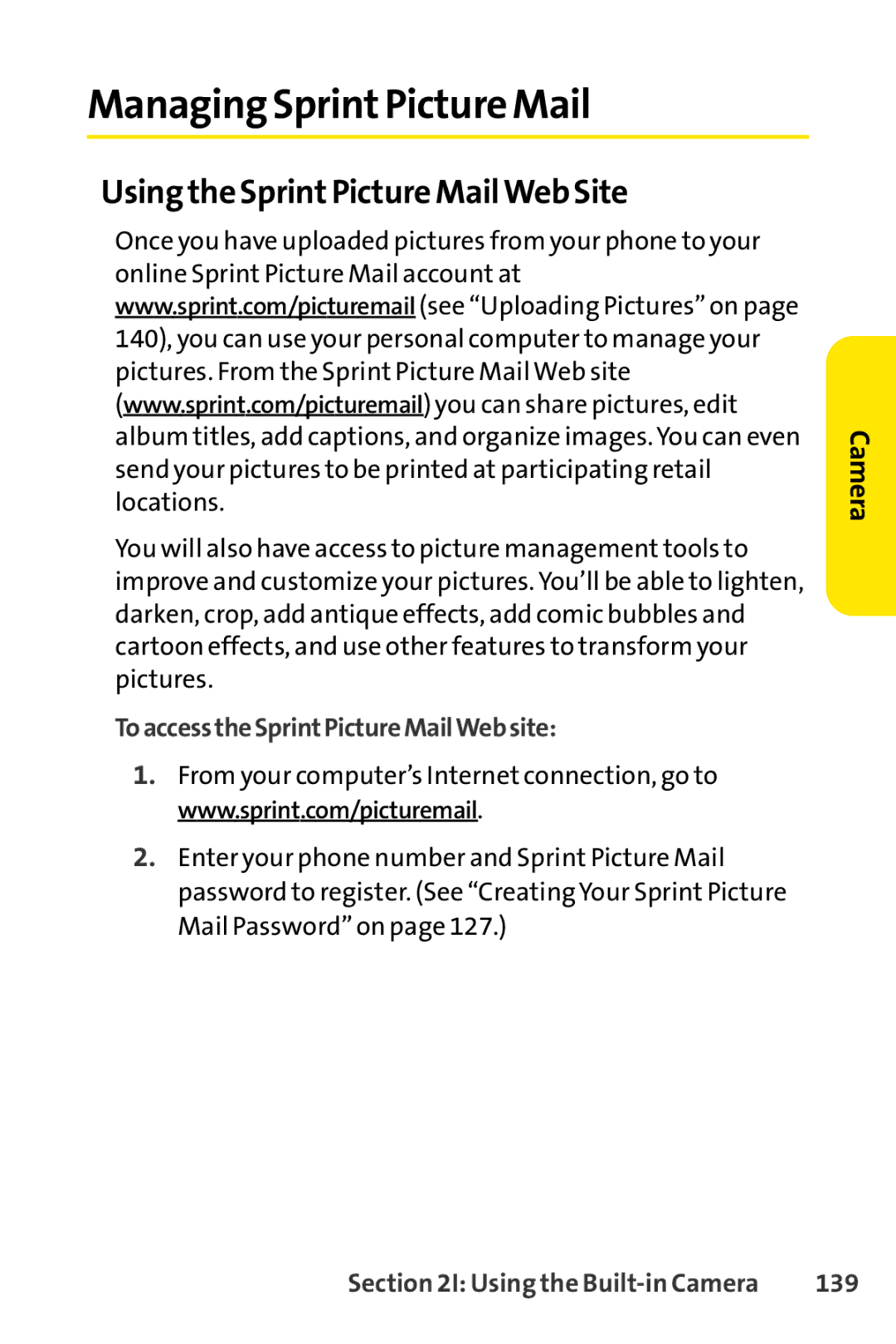 Sprint Nextel Telephone manual Managing SprintPicture Mail, Using the SprintPicture MailWeb Site, 139 