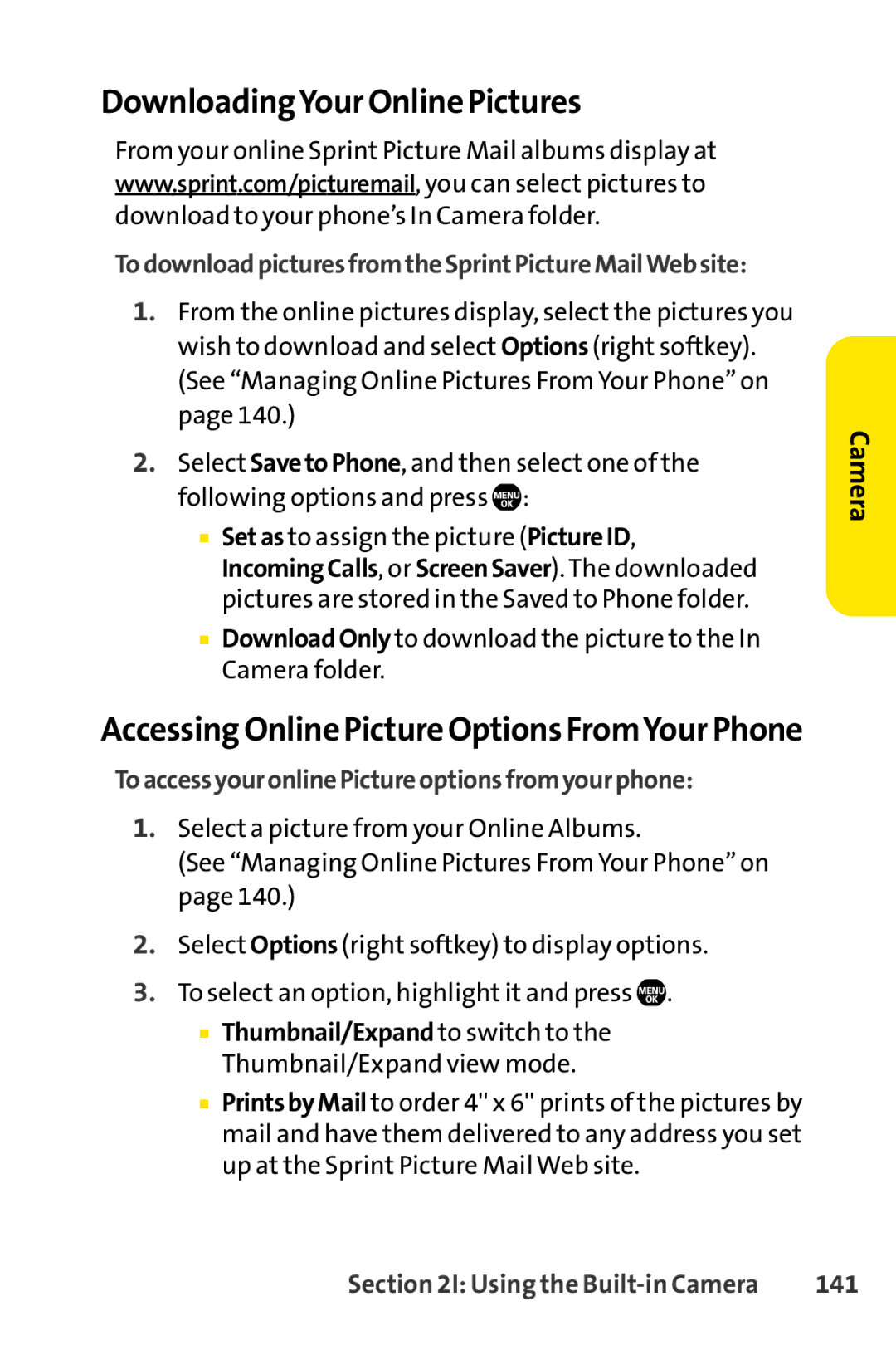 Sprint Nextel Telephone manual DownloadingYour Online Pictures, Accessing Online Picture Options FromYour Phone, 141 