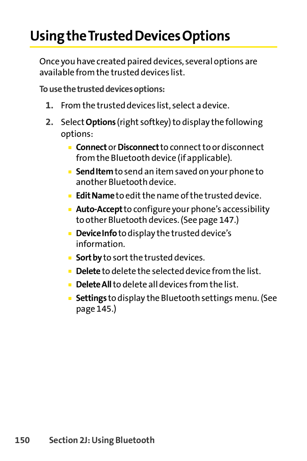 Sprint Nextel Telephone manual Using theTrusted Devices Options, Tousethetrusteddevicesoptions 