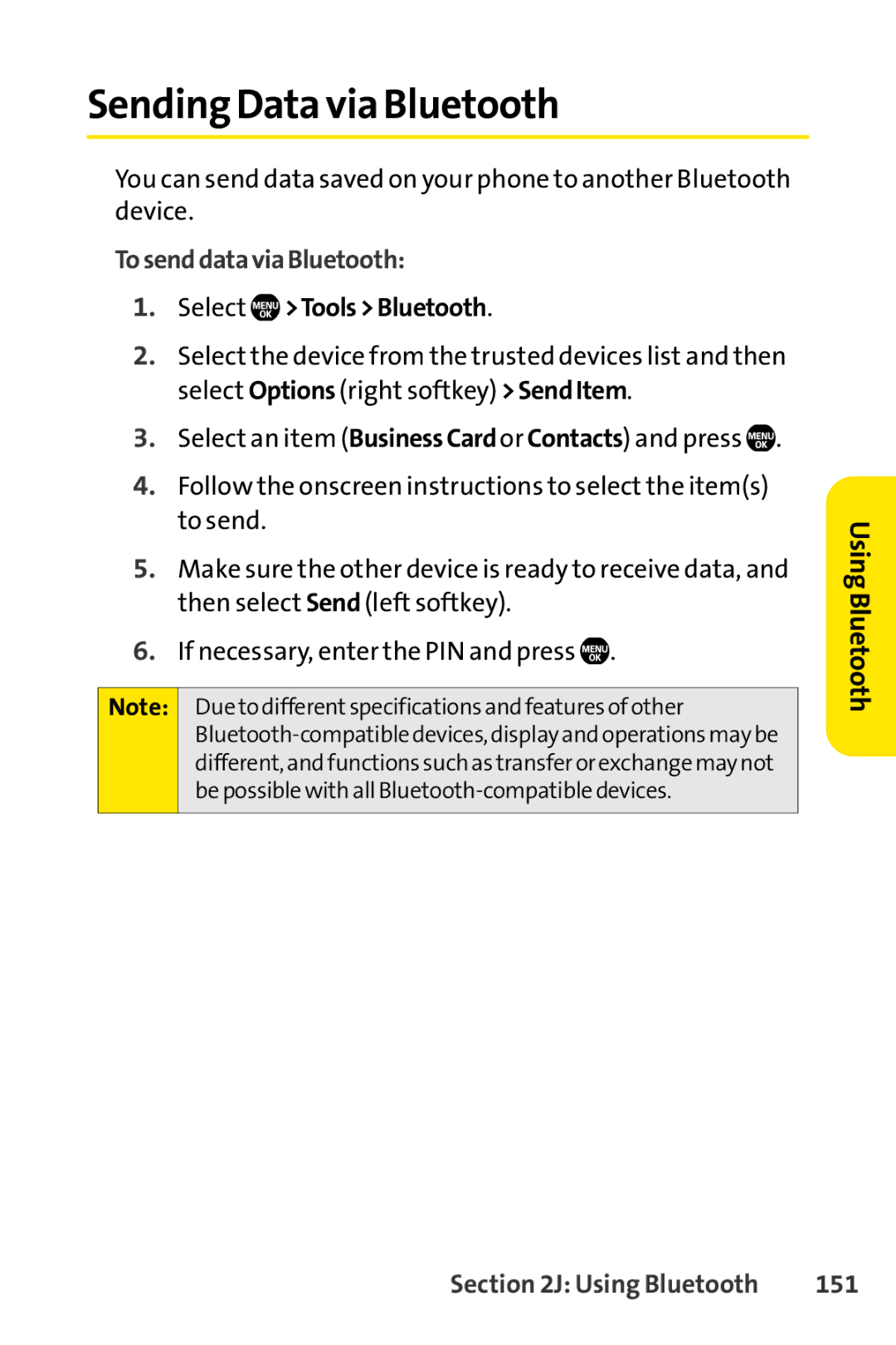 Sprint Nextel Telephone manual Sending Data via Bluetooth, TosenddataviaBluetooth, 151 