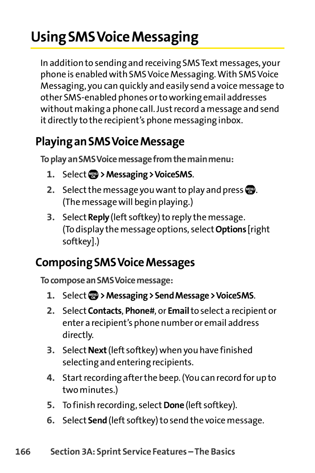 Sprint Nextel Telephone manual Using SMSVoice Messaging, Playing an SMSVoice Message, Composing SMSVoice Messages 