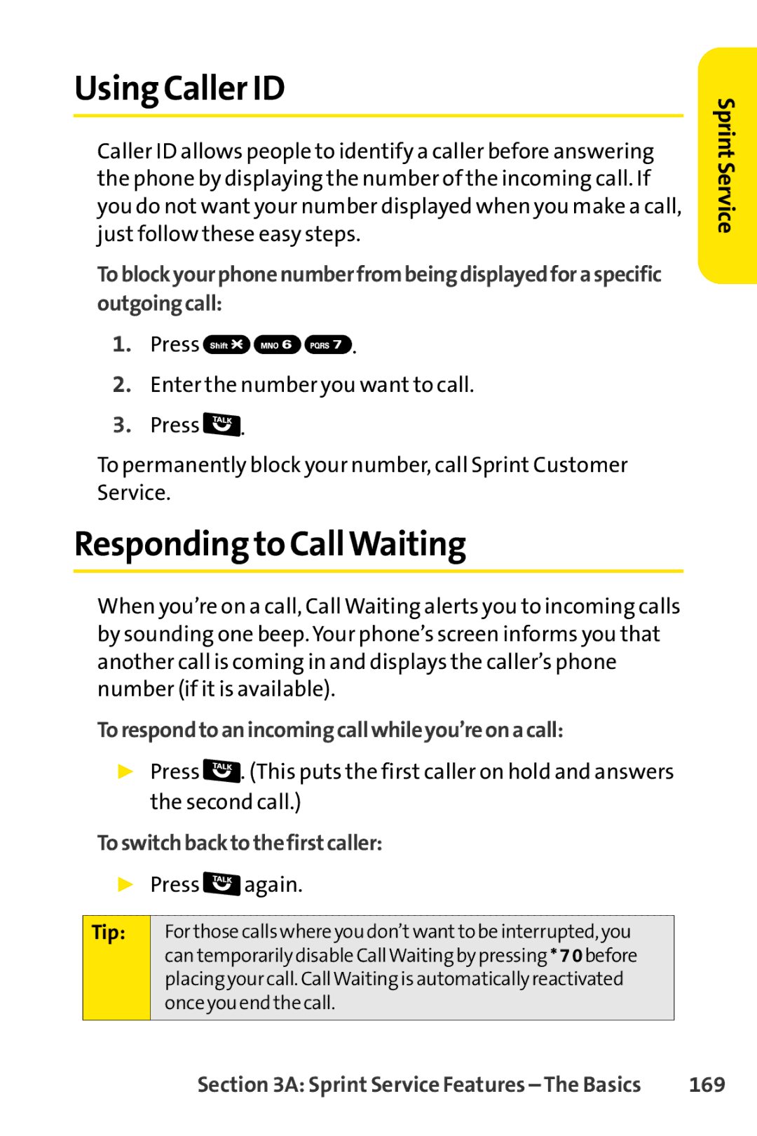 Sprint Nextel Telephone manual Using Caller ID, Responding to CallWaiting, Torespondtoanincomingcallwhileyou’reonacall, 169 