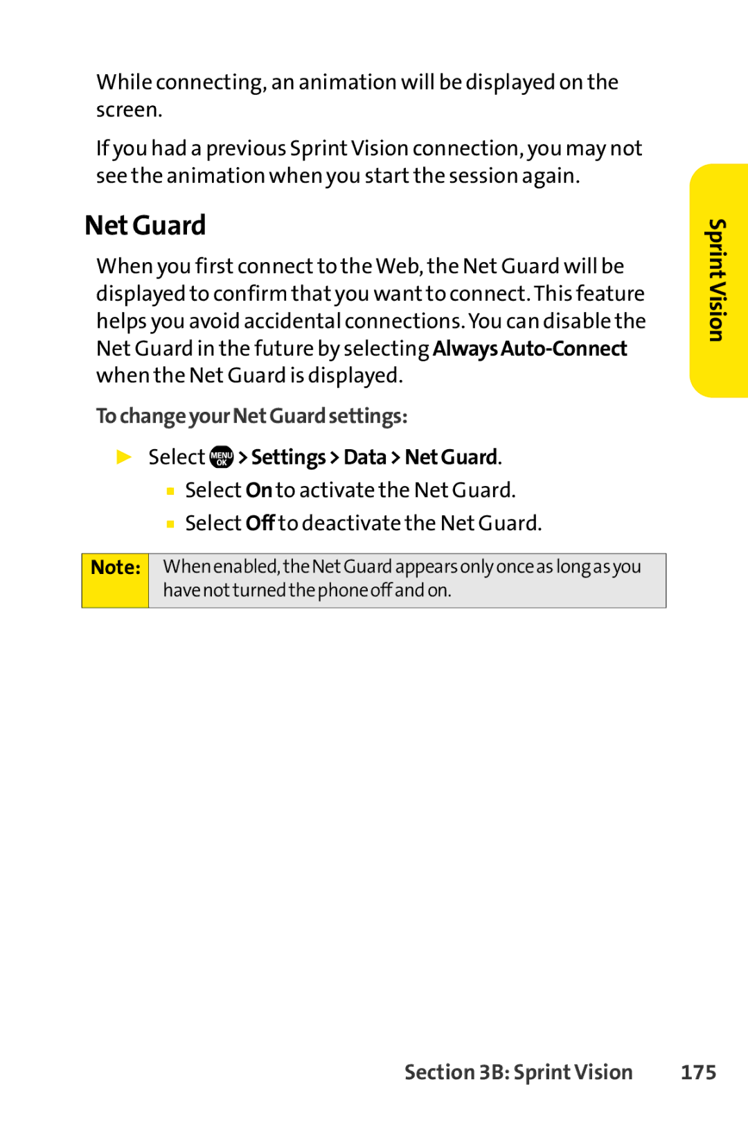 Sprint Nextel Telephone manual Net Guard, TochangeyourNetGuardsettings, Select SettingsDataNetGuard, 175 