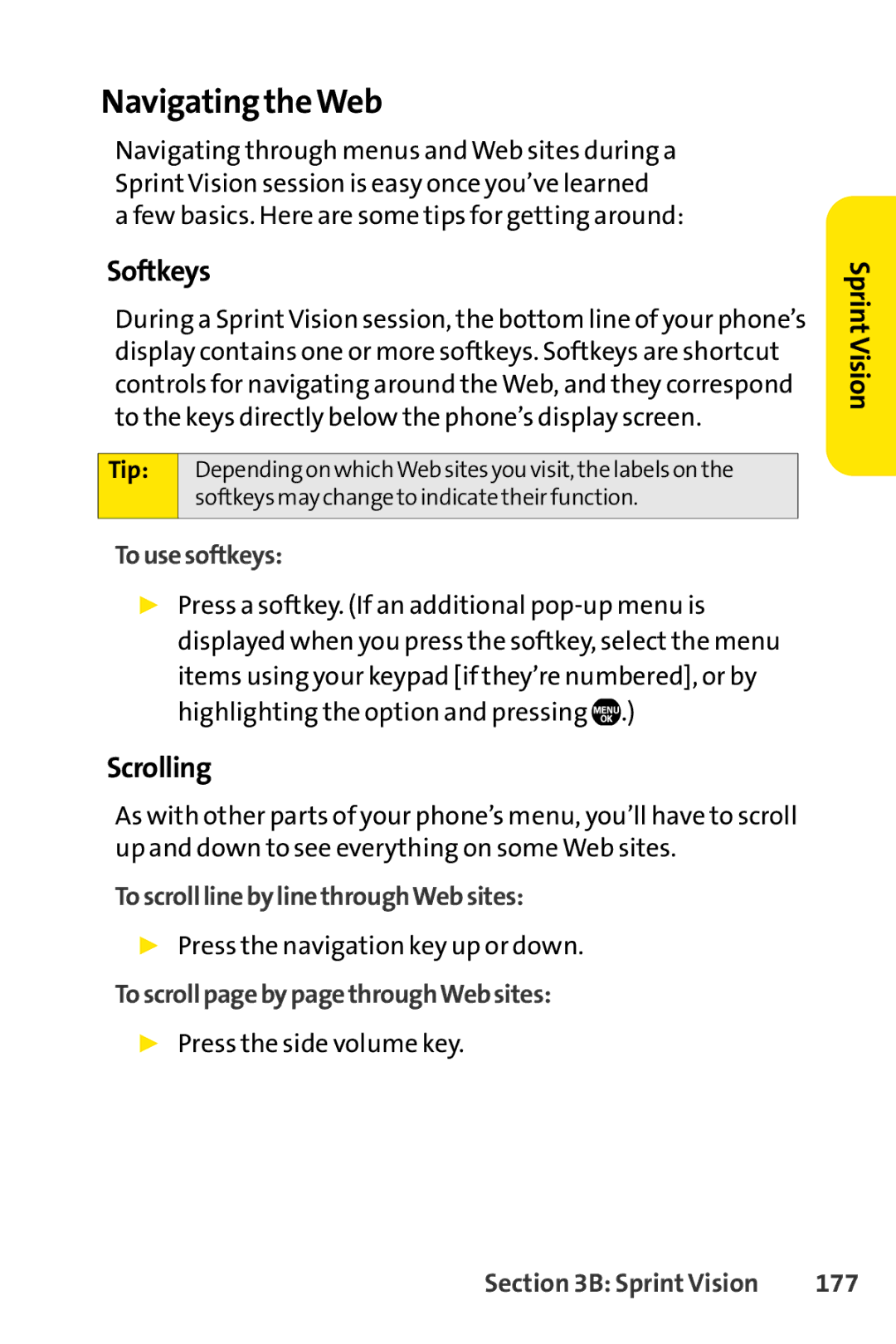 Sprint Nextel Telephone manual Navigating theWeb, Softkeys, Scrolling 