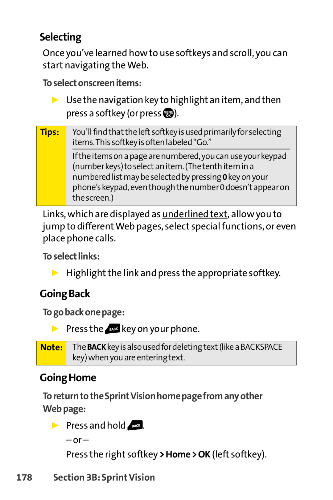 Sprint Nextel Telephone manual Selecting, GoingBack, GoingHome 