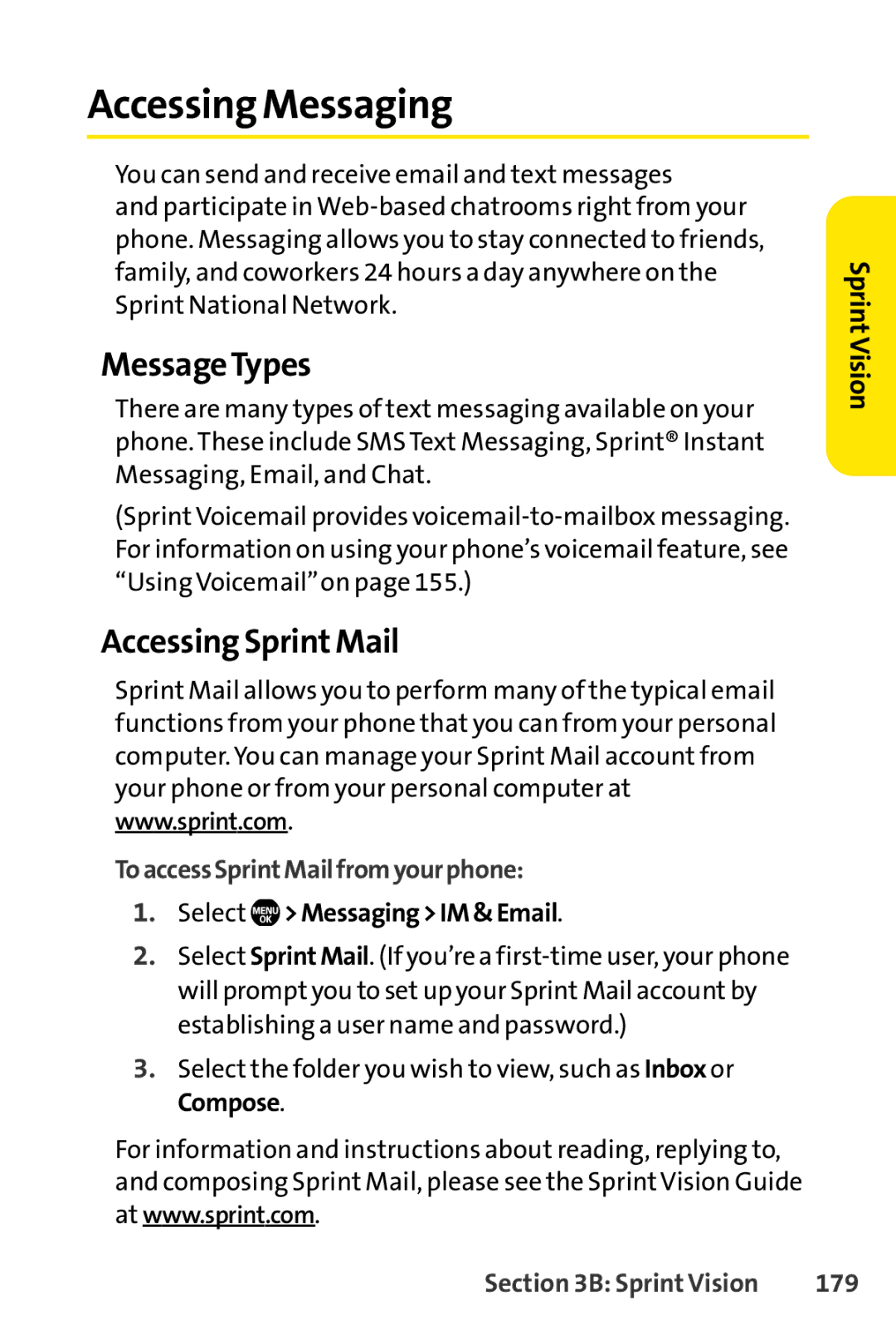 Sprint Nextel Telephone Accessing Messaging, MessageTypes, Accessing SprintMail, ToaccessSprintMailfromyourphone, 179 