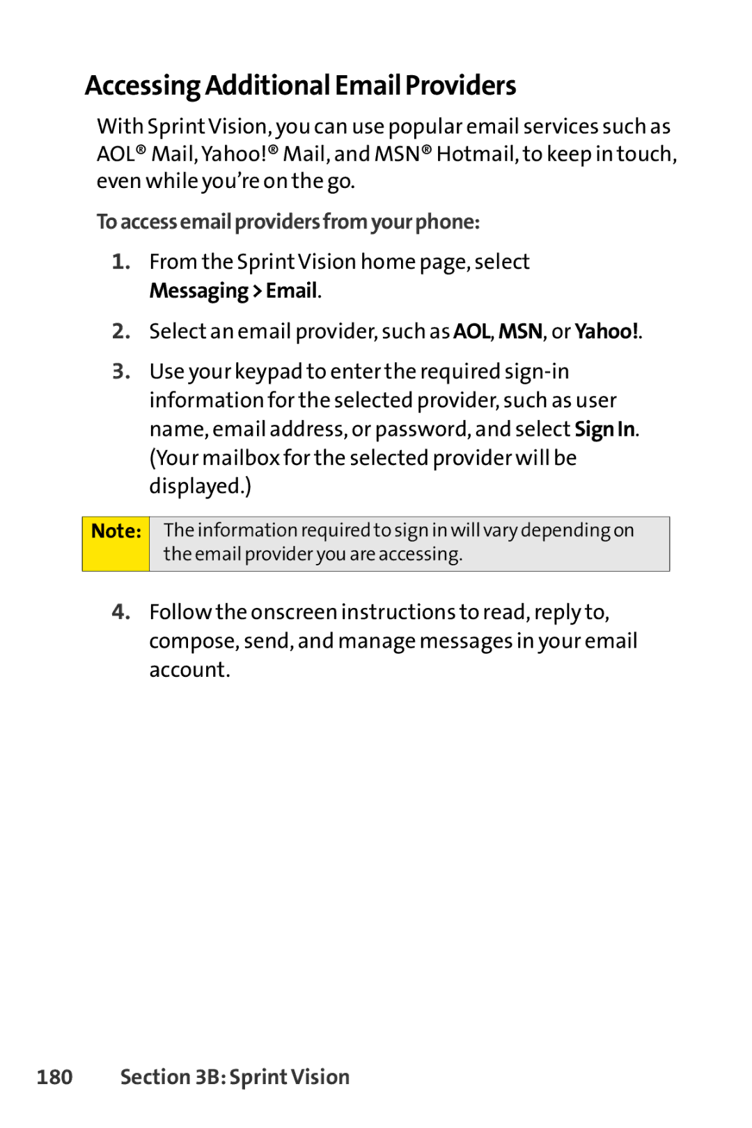 Sprint Nextel Telephone manual Accessing Additional Email Providers, Toaccessemailprovidersfromyourphone 