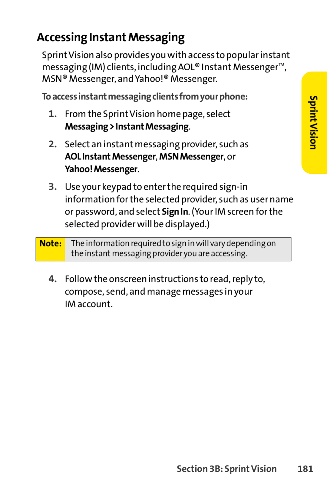 Sprint Nextel Telephone manual Accessing InstantMessaging, Toaccessinstantmessagingclientsfromyourphone, 181 