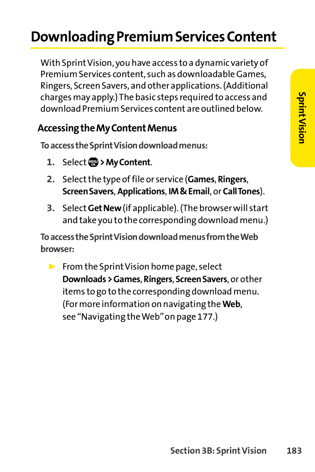 Sprint Nextel Telephone manual AccessingtheMyContentMenus, ToaccesstheSprintVisiondownloadmenus, Select MyContent, 183 