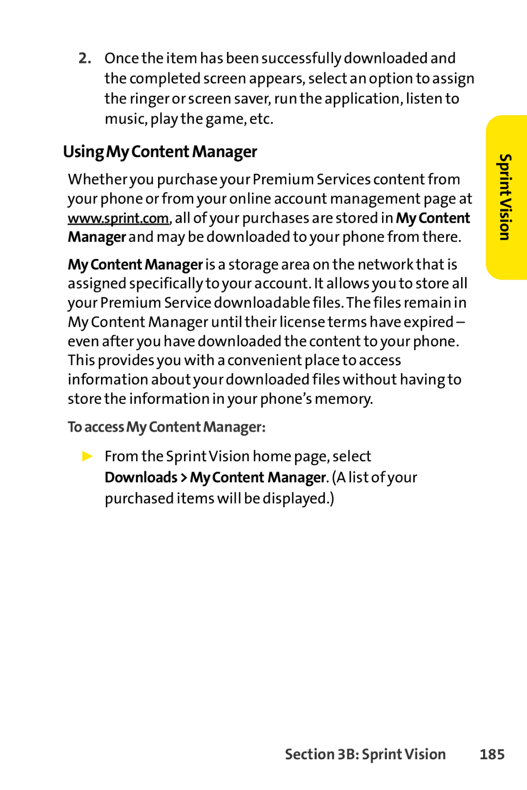 Sprint Nextel Telephone manual UsingMyContentManager, ToaccessMyContentManager, 185 