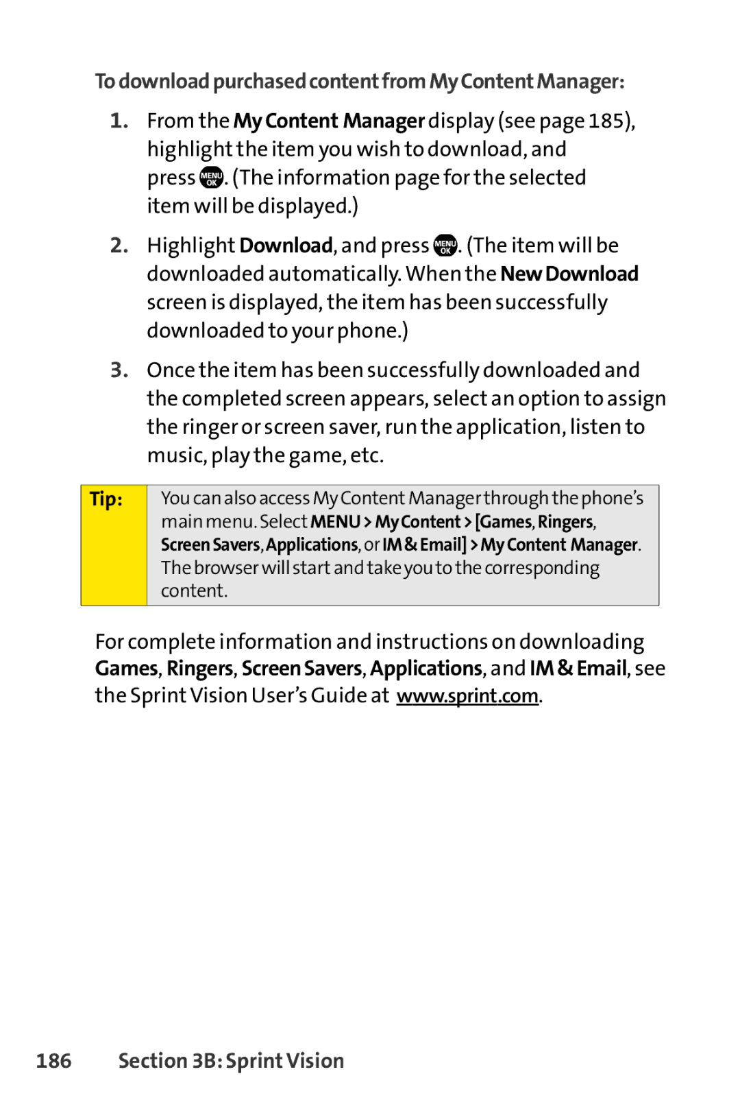 Sprint Nextel Telephone manual TodownloadpurchasedcontentfromMyContentManager, Tip 