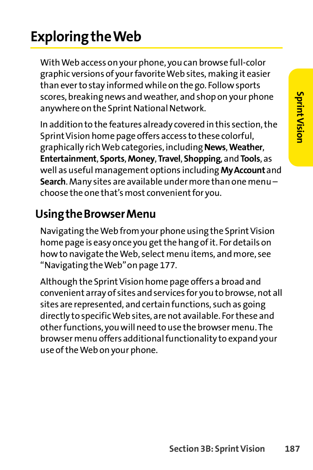 Sprint Nextel Telephone manual Exploring theWeb, Using the Browser Menu, 187 