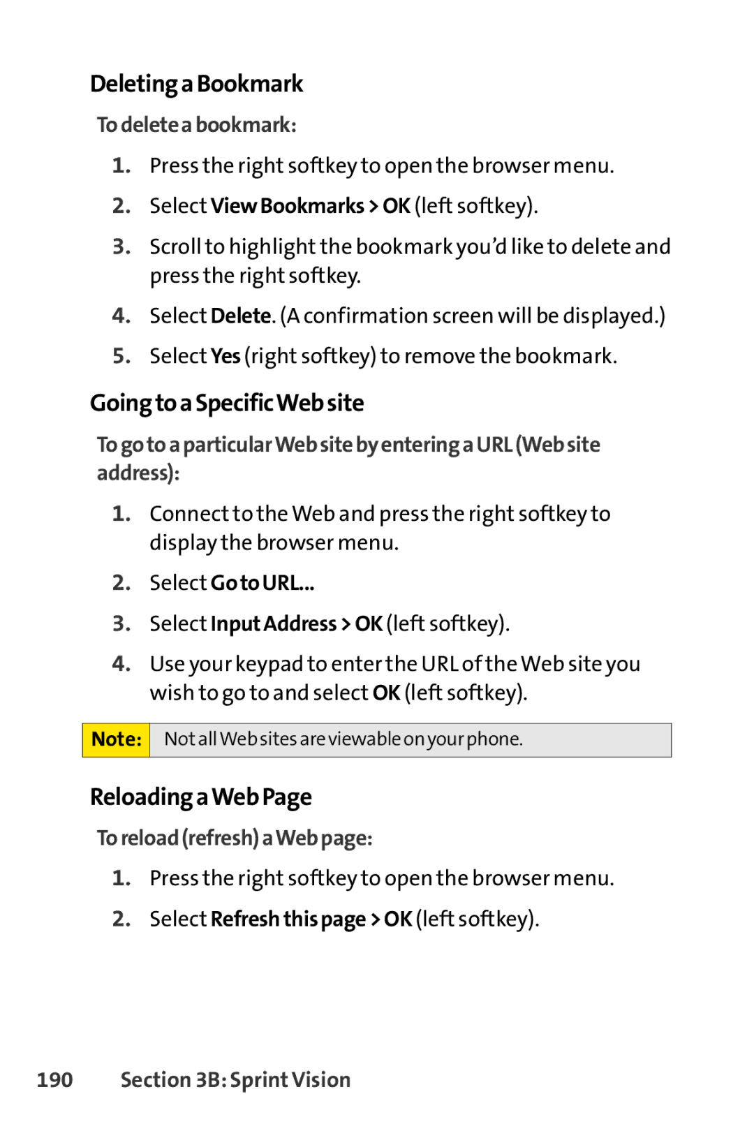 Sprint Nextel Telephone manual DeletingaBookmark, GoingtoaSpecificWebsite, ReloadingaWebPage, Todeleteabookmark 