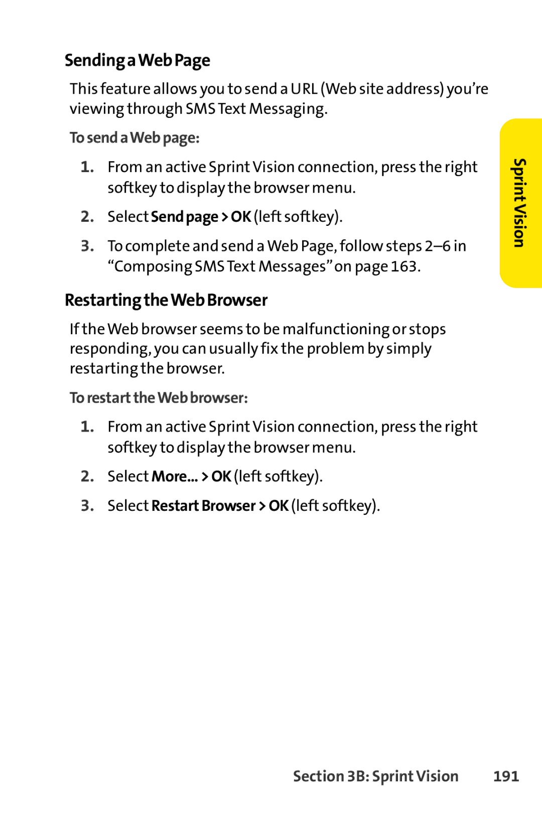 Sprint Nextel Telephone manual SendingaWebPage, RestartingtheWebBrowser, TosendaWebpage, TorestarttheWebbrowser, 191 