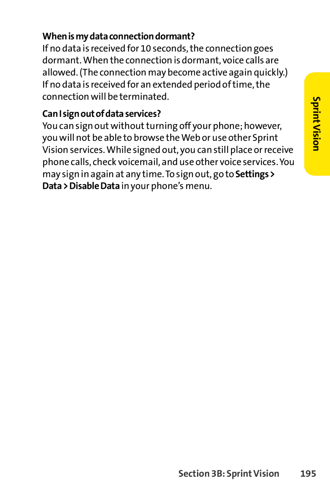 Sprint Nextel Telephone manual Whenismydataconnectiondormant?, CanIsignoutofdataservices?, 195 