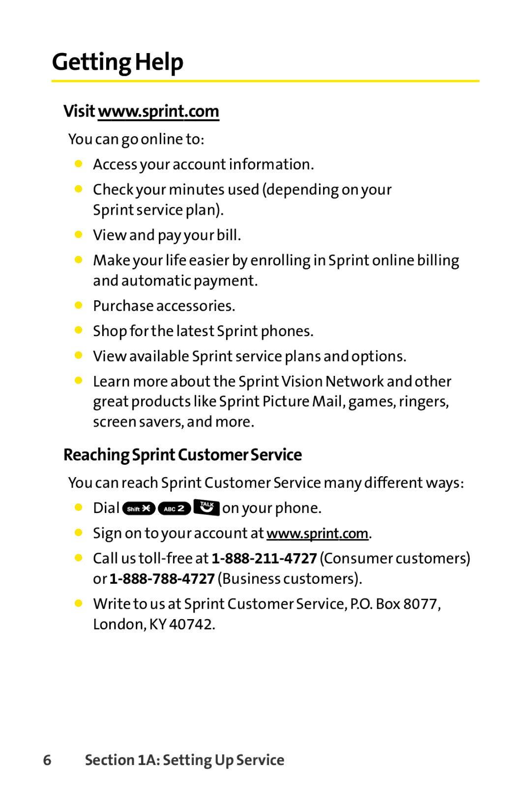 Sprint Nextel Telephone manual Getting Help, ReachingSprintCustomerService 